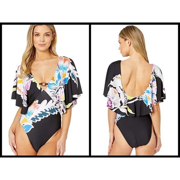💕TRINA TURK💕 Seychelles Flutter Sleeve One Piece Swimsuit Size 0 NWT Print - Picture 3 of 16